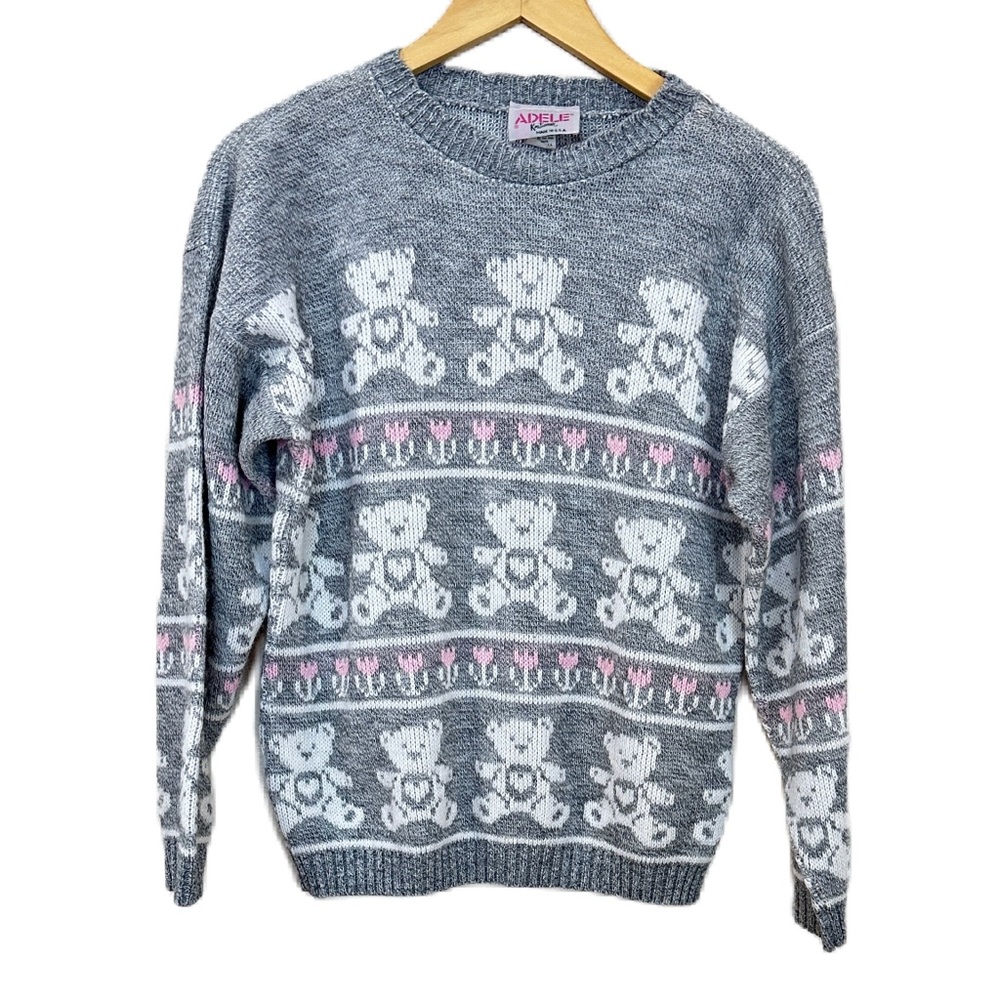 Adele Knitwear Sweater Vintage 80s Teddy Bears Heart USA Gray‎ Women’s Large